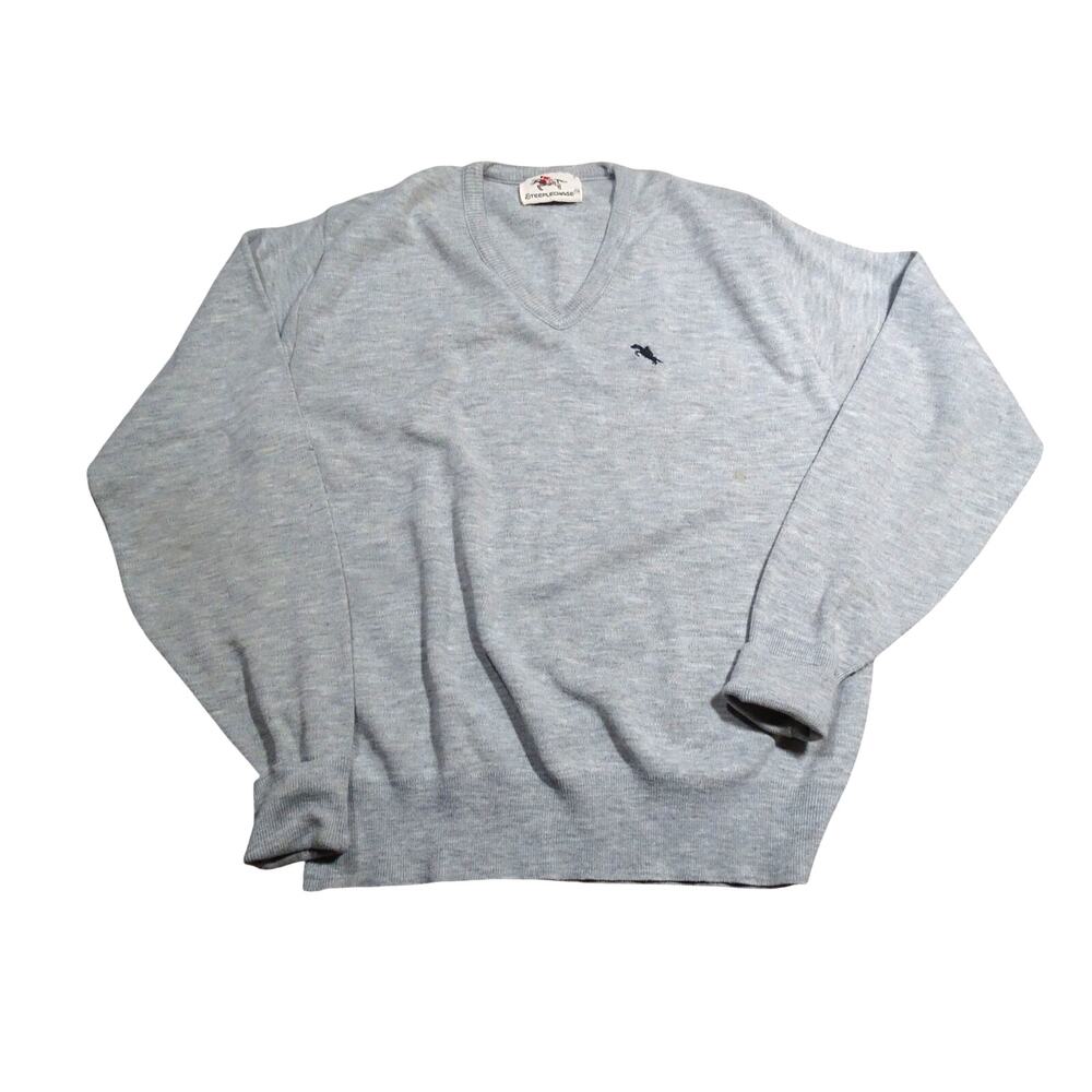 Vintage Steeplechase Gray V-Neck Sweater L - Cotton Wool Blend Embroidered Logo